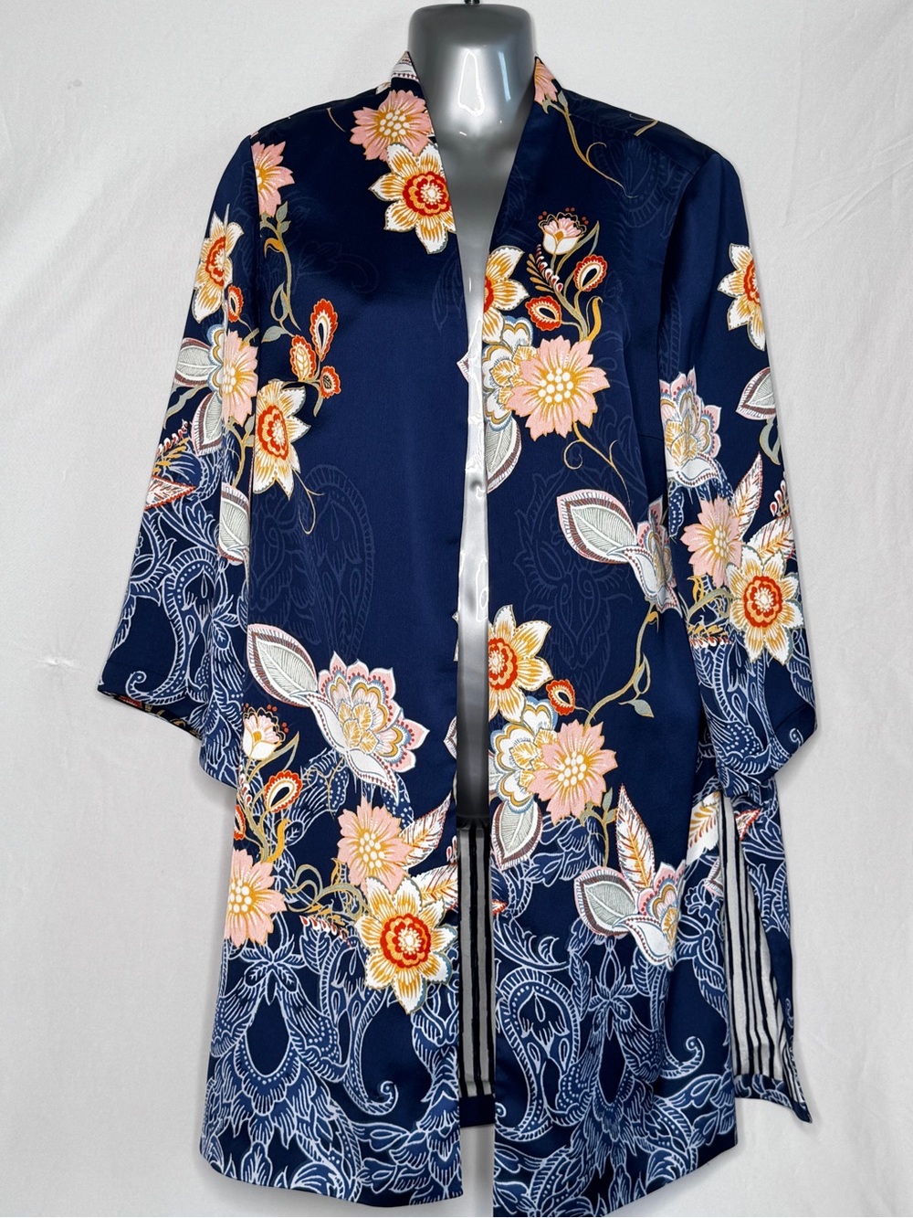 Chico's Navy Floral‎ Open Cardigan with Pink & Yellow Blossoms